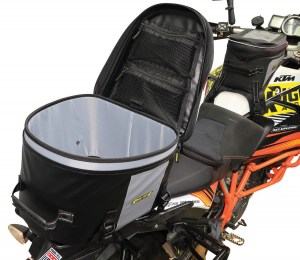 Photo of Hurricane Adventure Tail Bag (SE-4028) on white background mounted to KTM 1190 with bag open with nothing inside